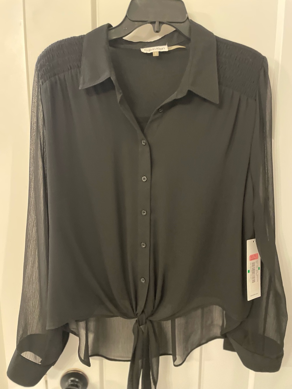 Calvin Klein Black Tie-Front Button Blouse NWT